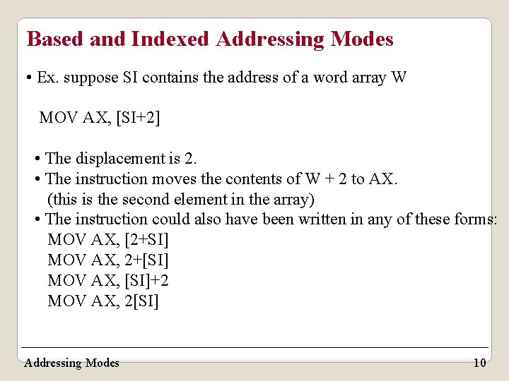 Based and Indexed Addressing Modes • Ex. suppose SI contains the address of a Based and Indexed Addressing Modes • Ex. suppose SI contains the address of a