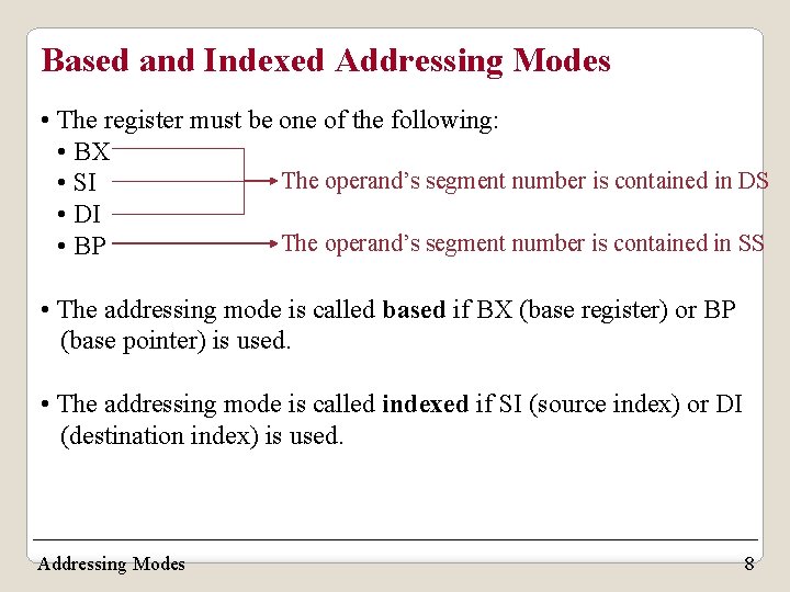 Based and Indexed Addressing Modes • The register must be one of the following: Based and Indexed Addressing Modes • The register must be one of the following: