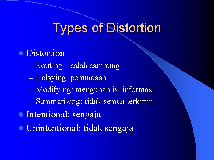 Types of Distortion l Distortion – Routing – salah sambung – Delaying: penundaan –