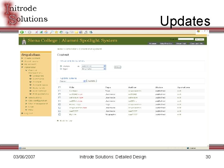 Updates 03/06/2007 Initrode Solutions: Detailed Design 30 