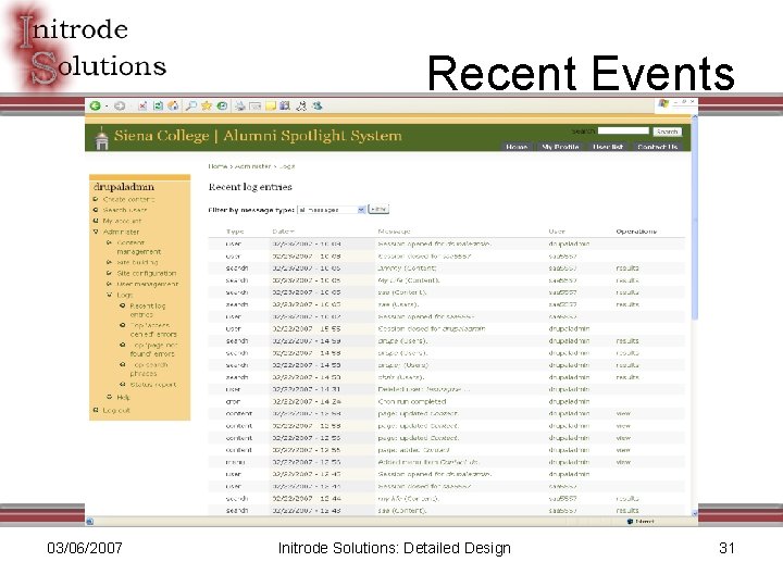 Recent Events 03/06/2007 Initrode Solutions: Detailed Design 31 