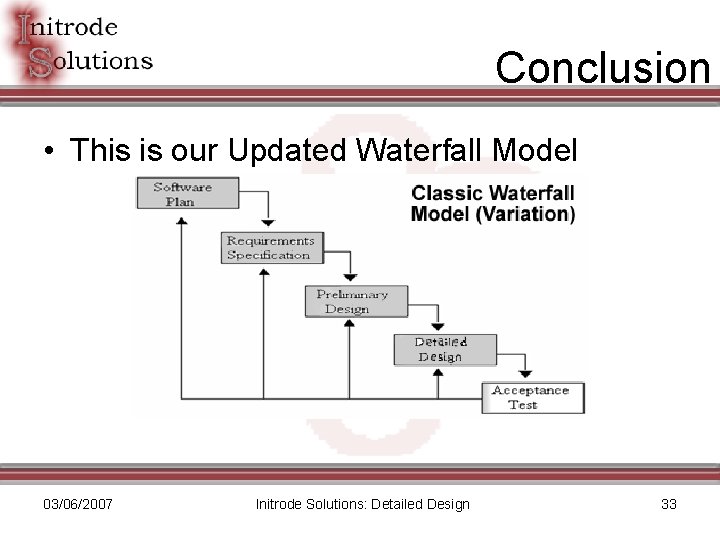 Conclusion • This is our Updated Waterfall Model 03/06/2007 Initrode Solutions: Detailed Design 33