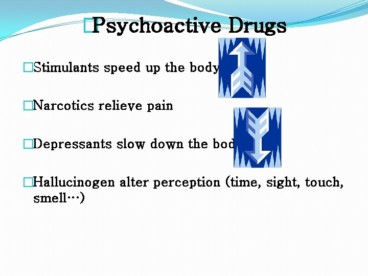 �Psychoactive Drugs �Stimulants speed up the body �Narcotics relieve pain �Depressants slow down the