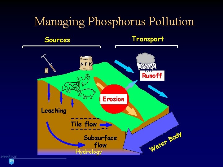 Managing Phosphorus Pollution Transport Sources NPK Runoff Erosion Leaching Tile flow Subsurface flow Hydrology