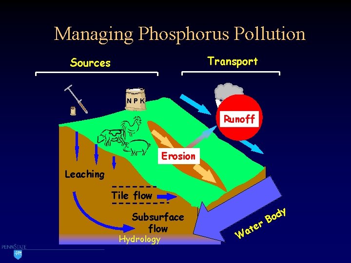 Managing Phosphorus Pollution Transport Sources NPK Runoff Erosion Leaching Tile flow Subsurface flow Hydrology