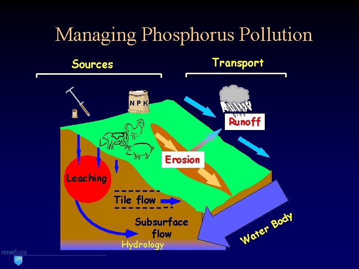 Managing Phosphorus Pollution Transport Sources NPK Runoff Erosion Leaching Tile flow Subsurface flow Hydrology