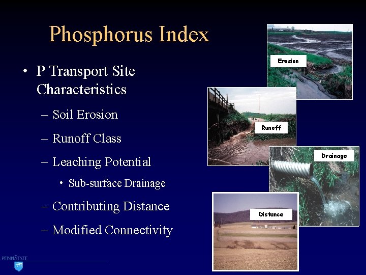 Phosphorus Index • P Transport Site Characteristics Erosion – Soil Erosion – Runoff Class