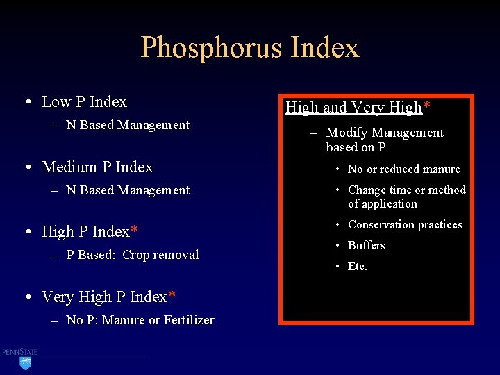 Phosphorus Index • Low P Index – N Based Management • Medium P Index