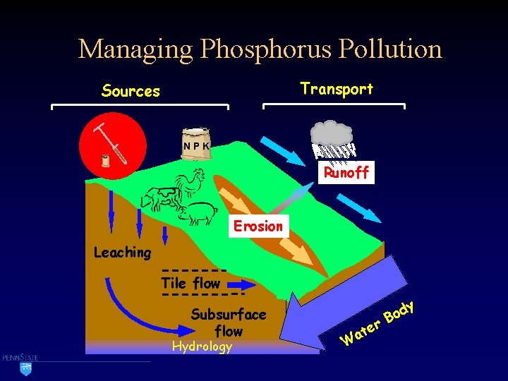 Managing Phosphorus Pollution Transport Sources NPK Runoff Erosion Leaching Tile flow Subsurface flow Hydrology
