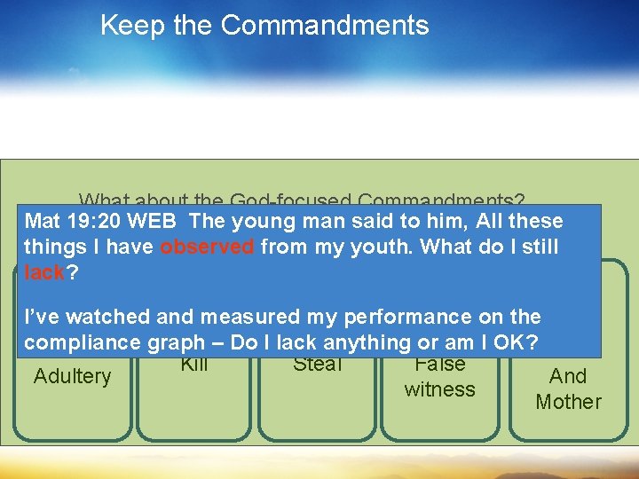 Keep the Commandments What about the God-focused Commandments? Mat 19: 20 WEB The young