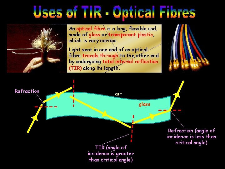 An optical fibre is a long, flexible rod, made of glass or transparent plastic,