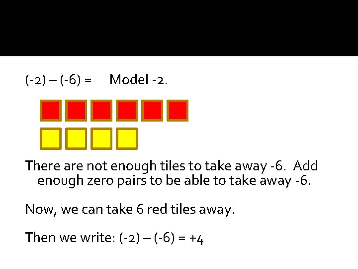 (-2) – (-6) = Model -2. There are not enough tiles to take away