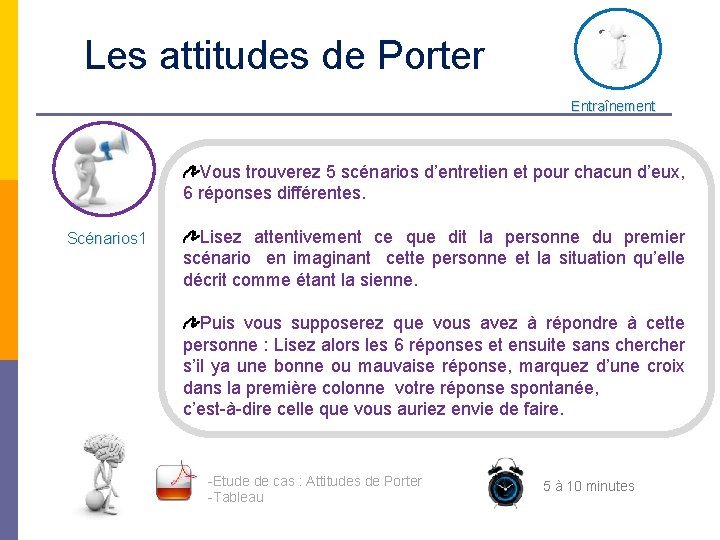 Les attitudes de Porter Entraînement Vous trouverez 5 scénarios d’entretien et pour chacun d’eux,