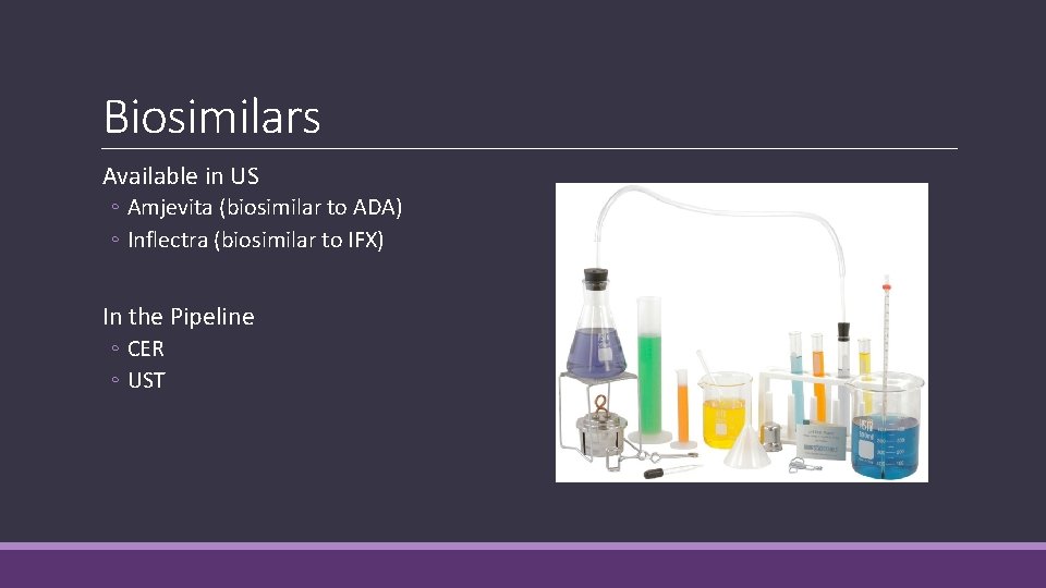 Biosimilars Available in US ◦ Amjevita (biosimilar to ADA) ◦ Inflectra (biosimilar to IFX)