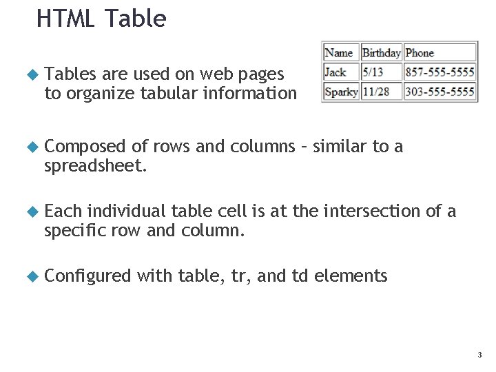 HTML Tables are used on web pages to organize tabular information Composed of rows