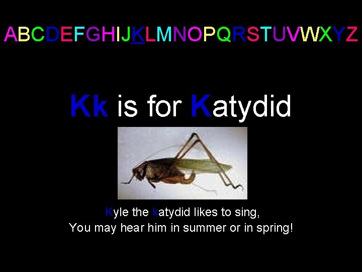 ABCDEFGHIJKLMNOPQRSTUVWXYZ Kk is for Katydid Kyle the katydid likes to sing, You may hear