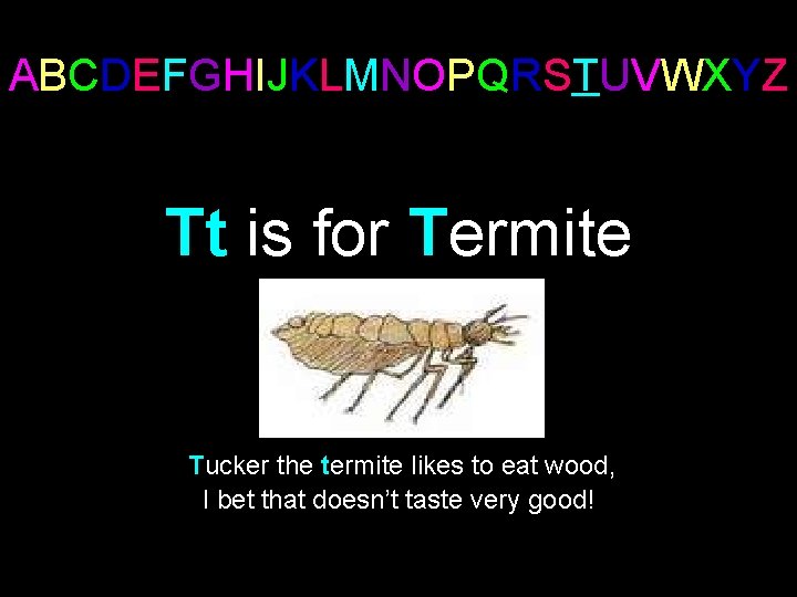 ABCDEFGHIJKLMNOPQRSTUVWXYZ Tt is for Termite Tucker the termite likes to eat wood, I bet