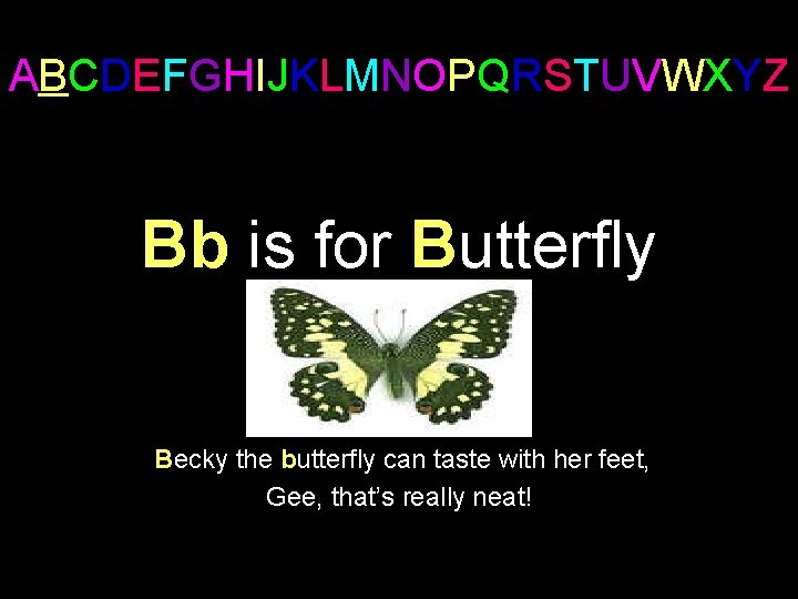 ABCDEFGHIJKLMNOPQRSTUVWXYZ Bb is for Butterfly Becky the butterfly can taste with her feet, Gee,