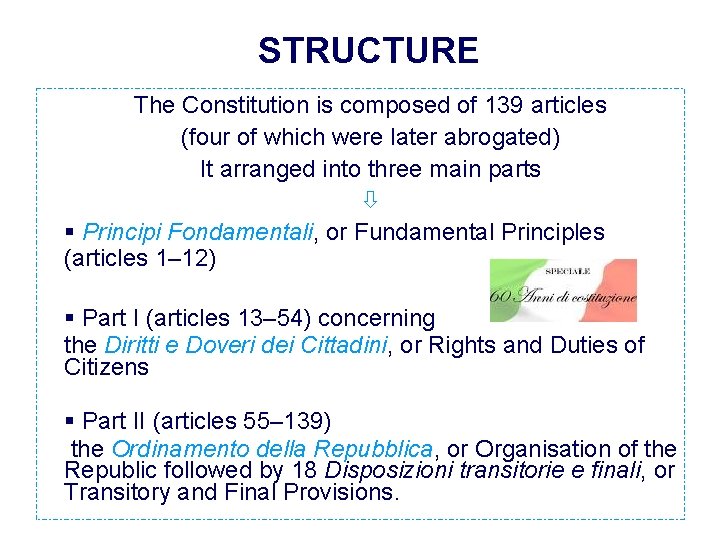 STRUCTURE The Constitution is composed of 139 articles (four of which were later abrogated)