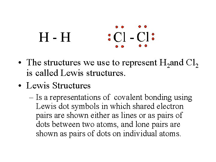  • The structures we use to represent H 2 and Cl 2 is