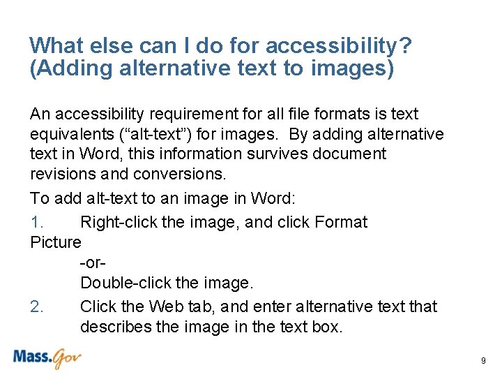 What else can I do for accessibility? (Adding alternative text to images) An accessibility