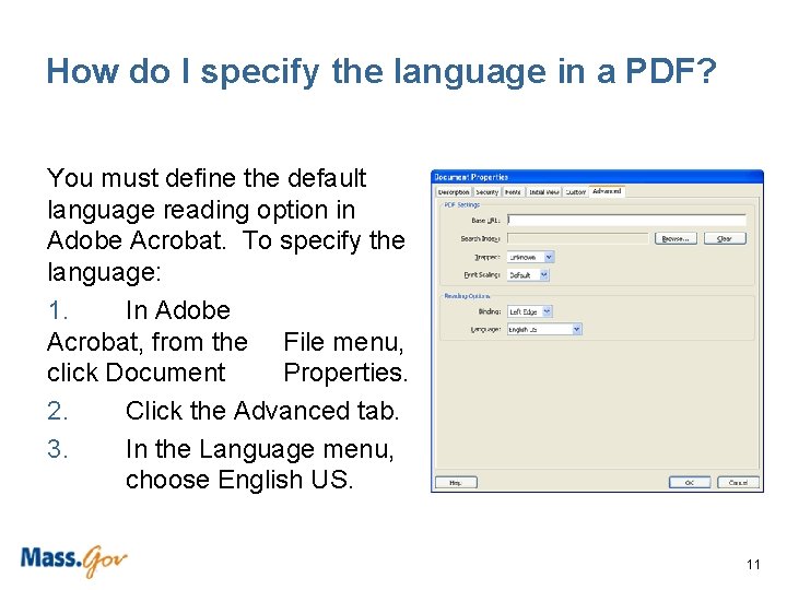 How do I specify the language in a PDF? You must define the default