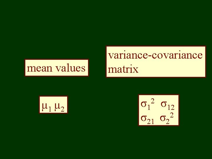 mean values µ 1 µ 2 variance-covariance matrix σ12 σ21 σ22 