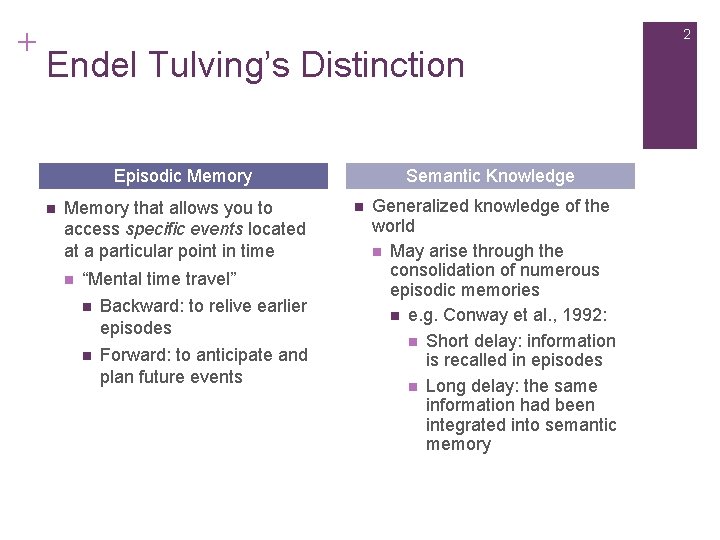 + 2 Endel Tulving’s Distinction Episodic Memory n Memory that allows you to access