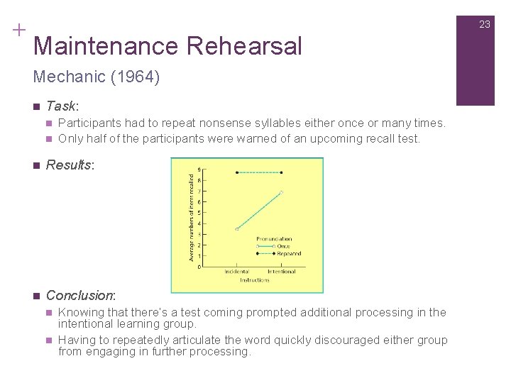 + 23 Maintenance Rehearsal Mechanic (1964) n Task: n n Participants had to repeat