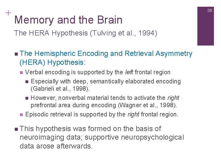 + 38 Memory and the Brain The HERA Hypothesis (Tulving et al. , 1994)