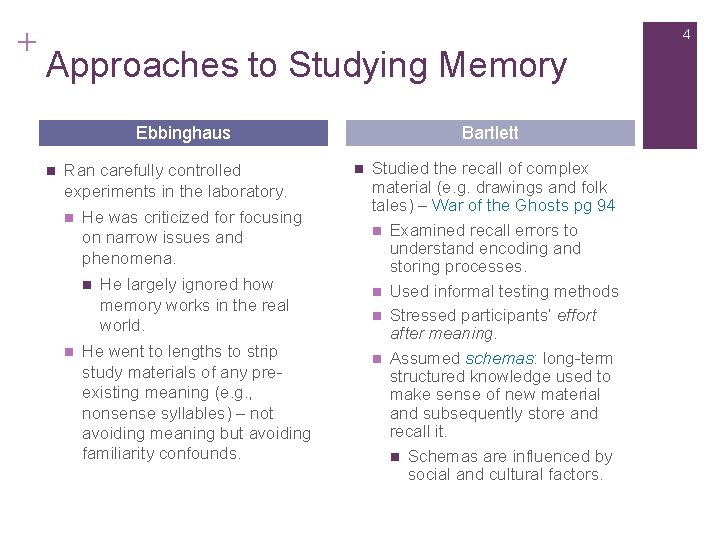 + 4 Approaches to Studying Memory Ebbinghaus n Ran carefully controlled experiments in the