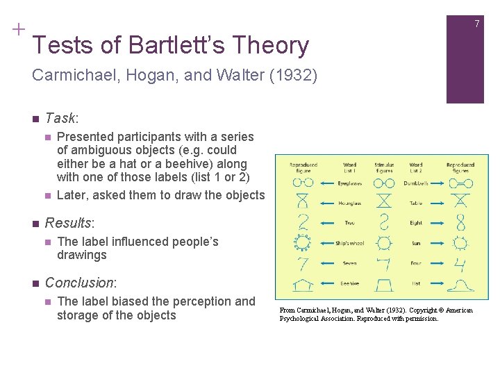 + 7 Tests of Bartlett’s Theory Carmichael, Hogan, and Walter (1932) n Task: n