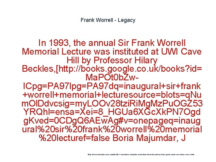 Frank Worrell - Legacy In 1993, the annual Sir Frank Worrell Memorial Lecture was