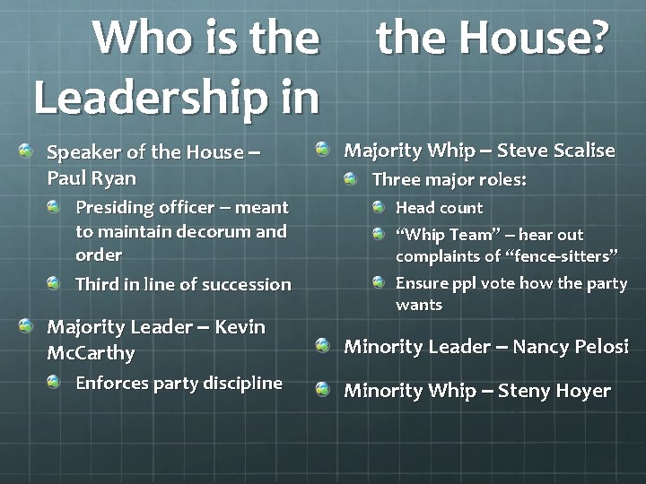 Who is the Leadership in Speaker of the House – Paul Ryan Presiding officer