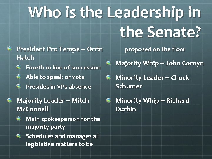 Who is the Leadership in the Senate? President Pro Tempe – Orrin Hatch Fourth