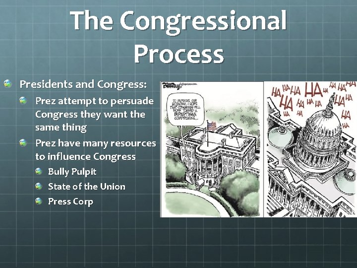 The Congressional Process Presidents and Congress: Prez attempt to persuade Congress they want the