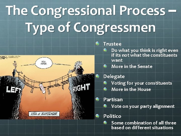 The Congressional Process – Type of Congressmen Trustee Do what you think is right