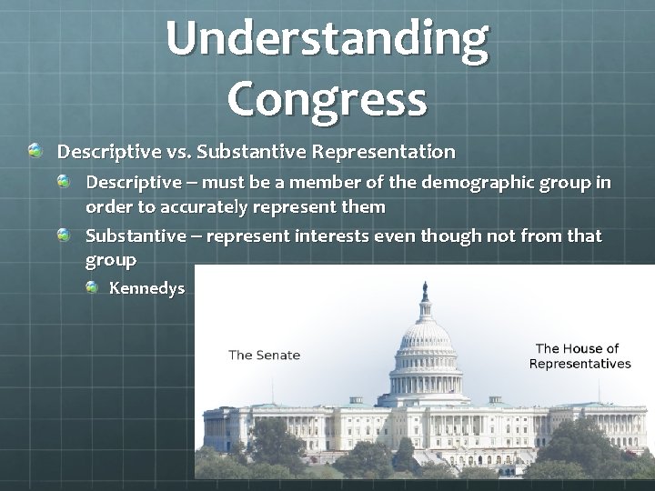 Understanding Congress Descriptive vs. Substantive Representation Descriptive – must be a member of the