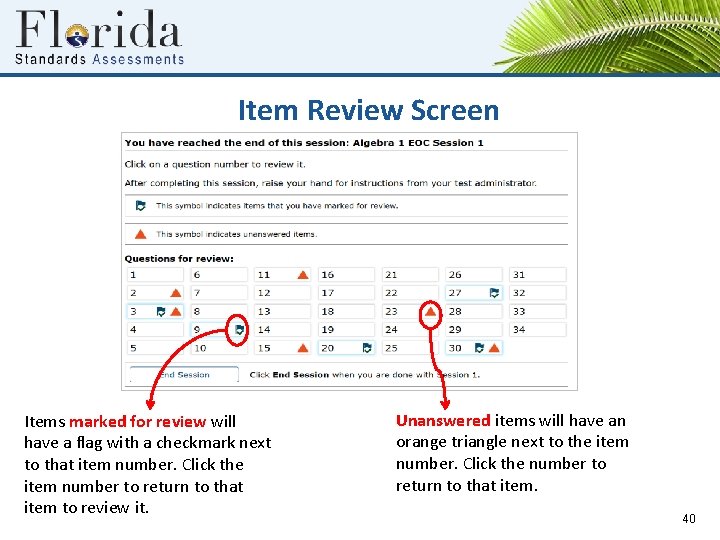 Item Review Screen Items marked for review will have a flag with a checkmark