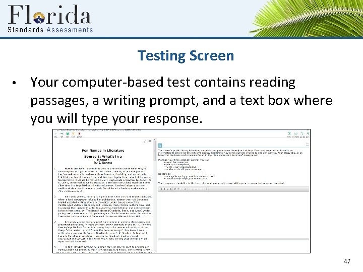 Testing Screen • Your computer-based test contains reading passages, a writing prompt, and a