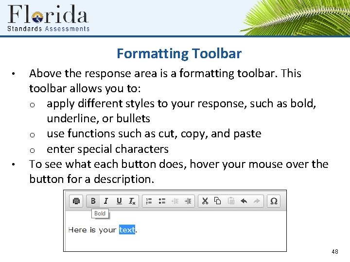 Formatting Toolbar • • Above the response area is a formatting toolbar. This toolbar