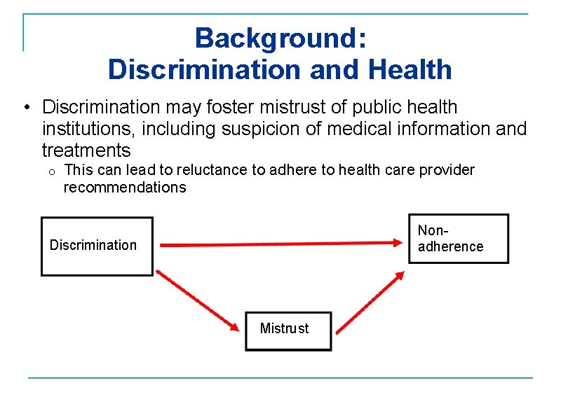 Background: Discrimination and Health • Discrimination may foster mistrust of public health institutions, including