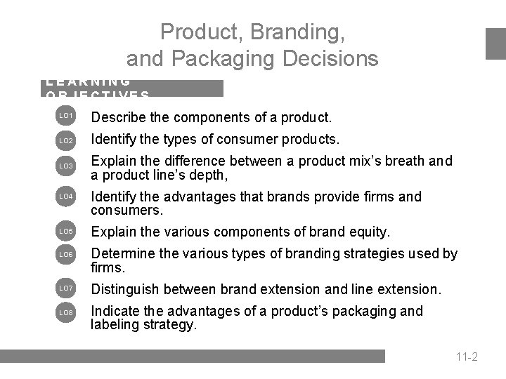 Product, Branding, and Packaging Decisions LEARNING OBJECTIVES LO 1 Describe the components of a