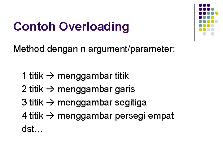 Contoh Overloading Method dengan n argument/parameter: 1 titik menggambar titik 2 titik menggambar garis