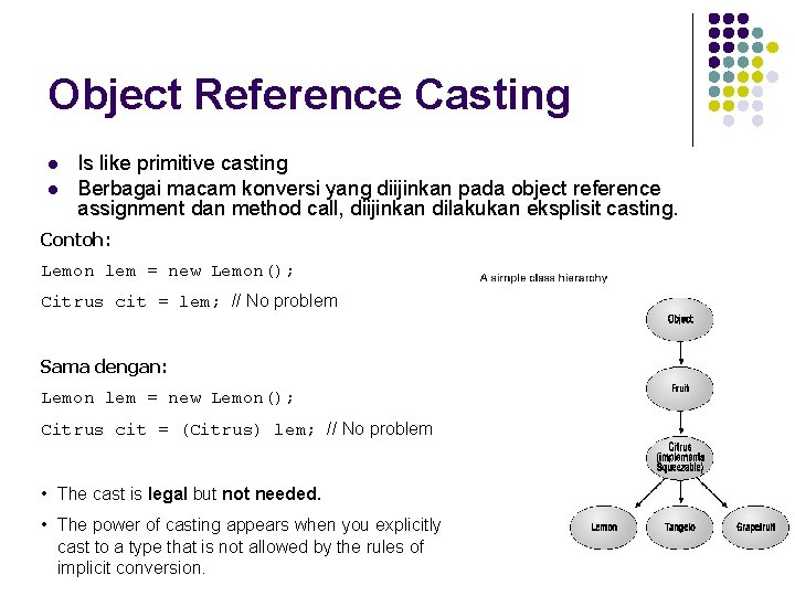 Object Reference Casting l l Is like primitive casting Berbagai macam konversi yang diijinkan