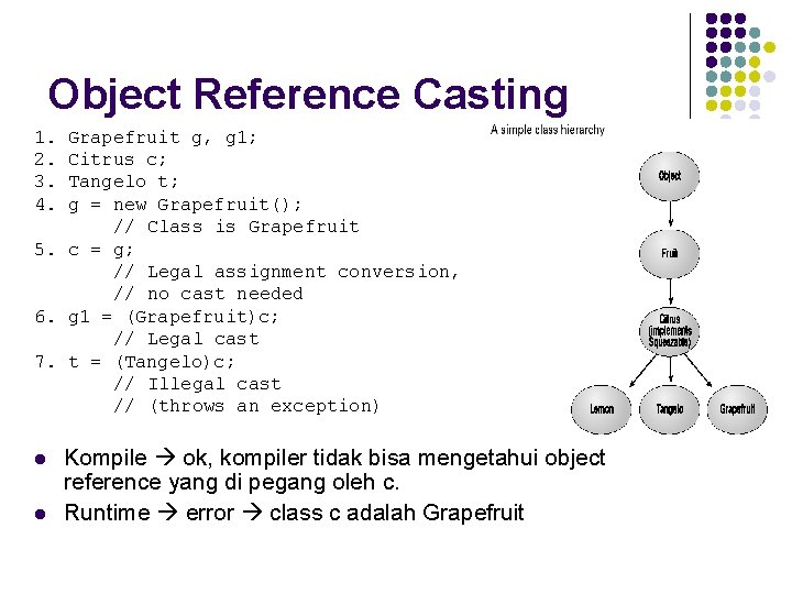 Object Reference Casting 1. 2. 3. 4. Grapefruit g, g 1; Citrus c; Tangelo