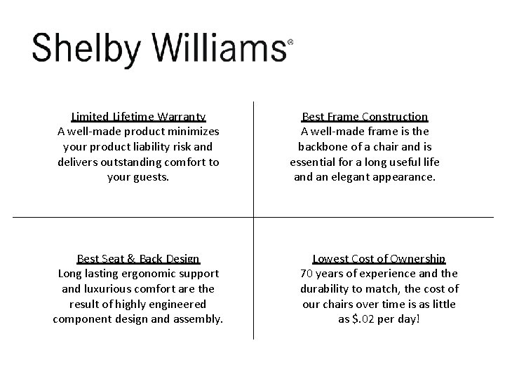 Limited Lifetime Warranty A well-made product minimizes your product liability risk and delivers outstanding