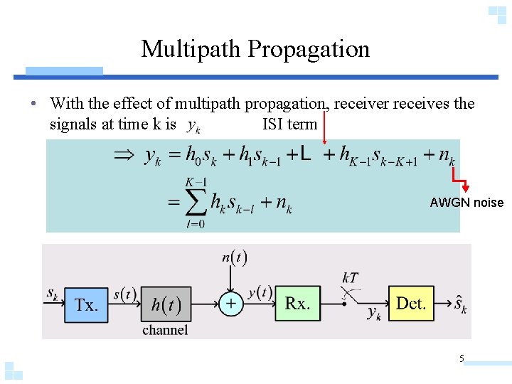 Multipath Propagation • With the effect of multipath propagation, receiver receives the signals at