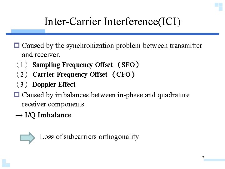 Inter-Carrier Interference(ICI) p Caused by the synchronization problem between transmitter and receiver. （1） Sampling