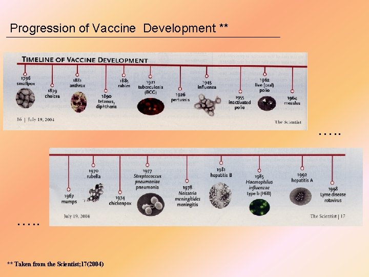 Progression of Vaccine Development ** …. . ** Taken from the Scientist; 17(2004) 